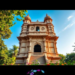 A beautifully detailed view of the historical structure known as '11 Pirs Mandir', capturing its traditional architecture surrounded by lush greenery