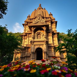 A beautifully detailed view of the historical structure known as '11 Pirs Mandir', capturing its traditional architecture surrounded by lush greenery