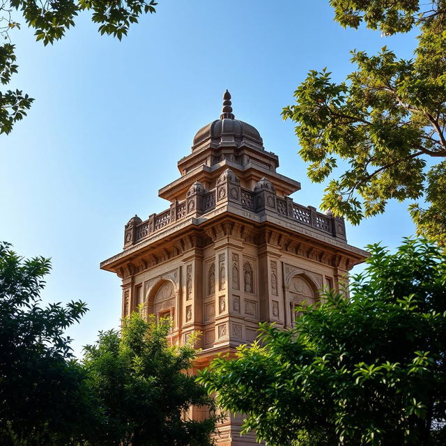 A stunning view of the historical structure known as '11 Pirs Mandir', featuring traditional architecture with intricate carvings and designs, surrounded by a serene environment that highlights its cultural significance