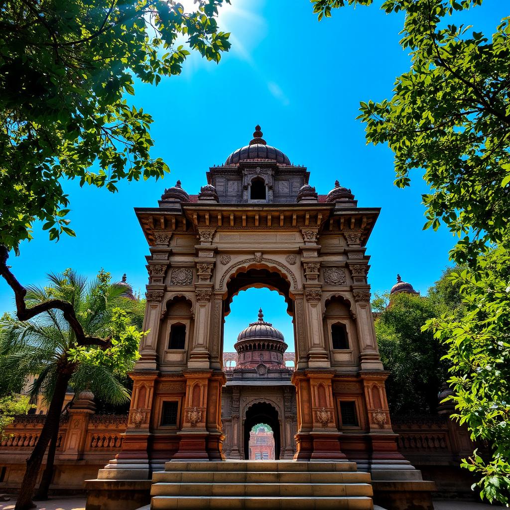 A stunning view of the historical structure known as '11 Pirs Mandir', featuring traditional architecture with intricate carvings and designs, surrounded by a serene environment that highlights its cultural significance