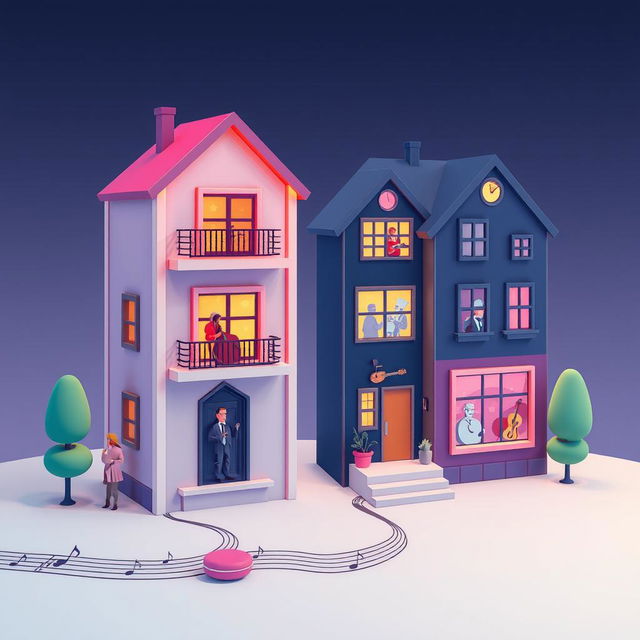 Game elements for a music creation game where players select rhythms and melodies from various genres to build a musical composition as if constructing a house