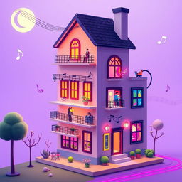 Game elements for a music creation game where players select rhythms and melodies from various genres to build a musical composition as if constructing a house