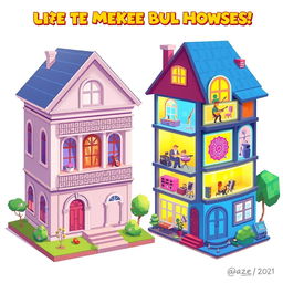 A vibrant 2D illustration of a fantasy game interface where players create music by building houses
