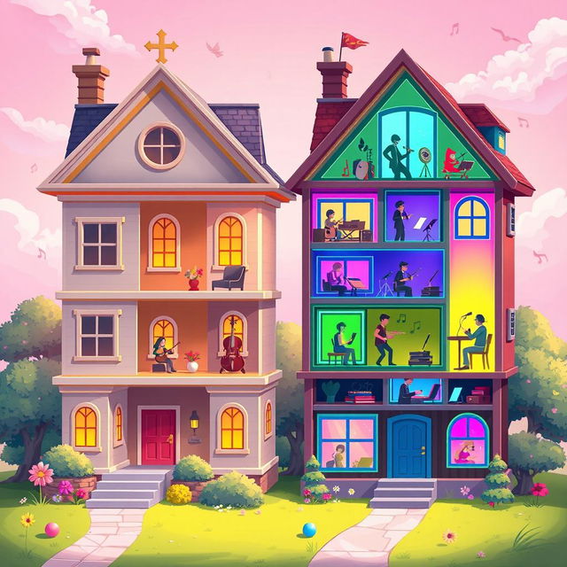 A vibrant 2D illustration of a fantasy game interface where players create music by building houses