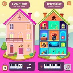 A vibrant 2D illustration of a fantasy game interface where players create music by building houses