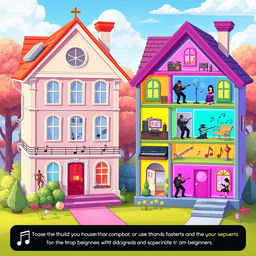 A vibrant 2D illustration of a fantasy game interface where players create music by building houses