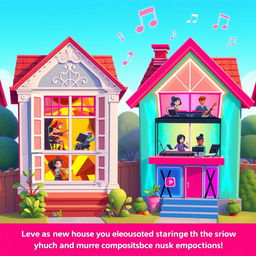 A vibrant 2D game scene featuring a charming neighborhood of colorful houses representing different music genres