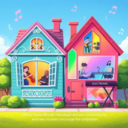 A vibrant 2D game scene featuring a charming neighborhood of colorful houses representing different music genres