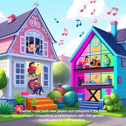 A vibrant 2D game scene featuring a charming neighborhood of colorful houses representing different music genres