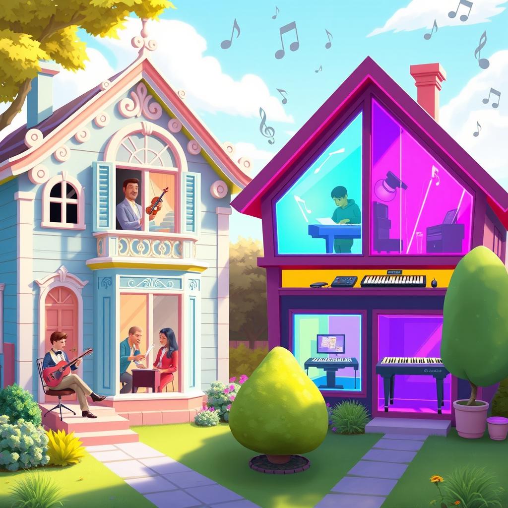 A vibrant 2D game scene featuring a charming neighborhood of colorful houses representing different music genres