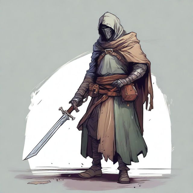 This is a high-quality illustration of a scruffy, homeless knight from a fantasy world reminiscent of DnD