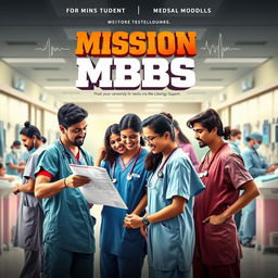 A vibrant and engaging cinematic poster for 'Mission MBBS', depicting a group of diverse medical students, wearing scrubs, in a bustling hospital environment