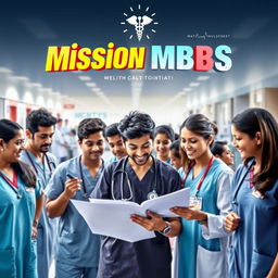 A vibrant and engaging cinematic poster for 'Mission MBBS', depicting a group of diverse medical students, wearing scrubs, in a bustling hospital environment