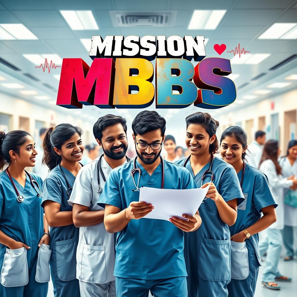 A vibrant and engaging cinematic poster for 'Mission MBBS', depicting a group of diverse medical students, wearing scrubs, in a bustling hospital environment