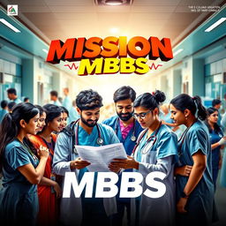A vibrant and engaging cinematic poster for 'Mission MBBS', depicting a group of diverse medical students, wearing scrubs, in a bustling hospital environment