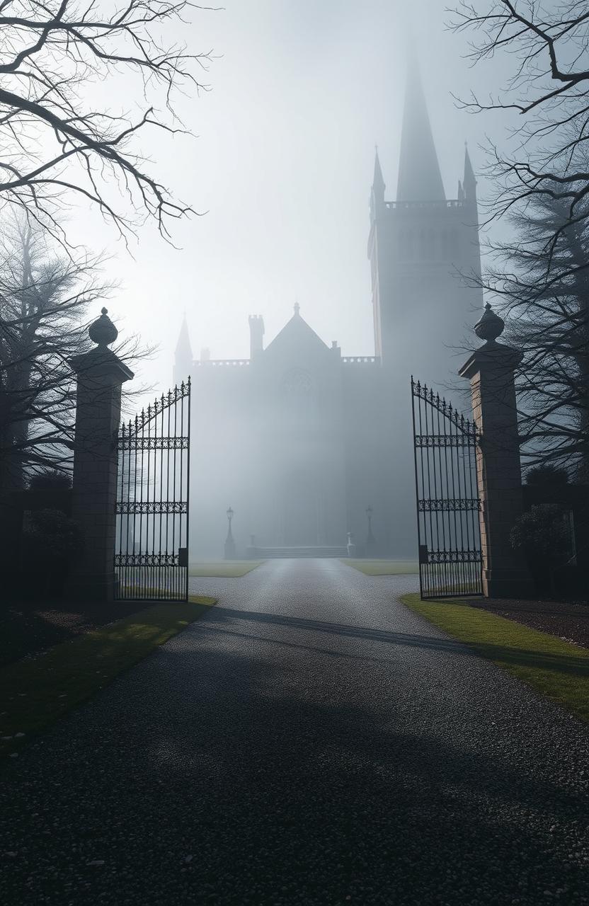 A grand Gothic mansion looms in a foggy landscape, with towering iron gates rising above the ground