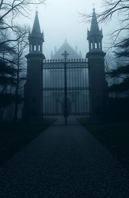 A grand Gothic mansion looms in a foggy landscape, with towering iron gates rising above the ground