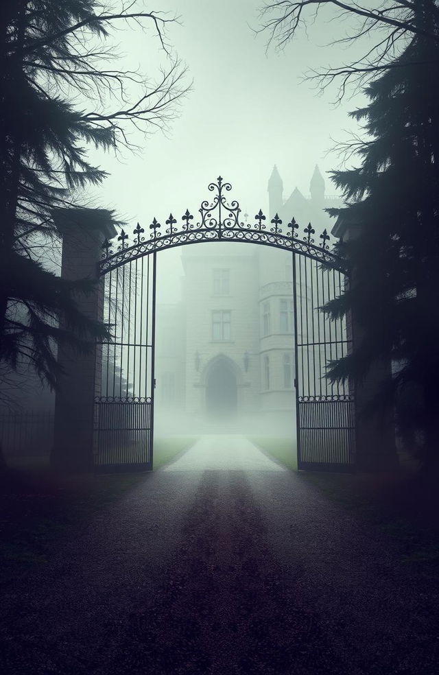 A grand Gothic mansion looms in a foggy landscape, with towering iron gates rising above the ground