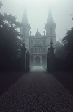 A grand Gothic mansion looms in a foggy landscape, with towering iron gates rising above the ground