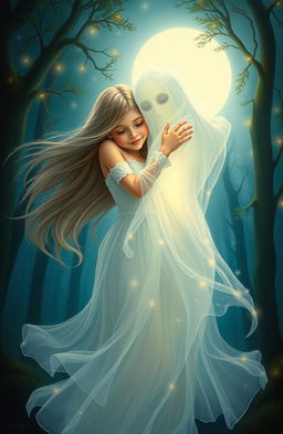 A captivating fantasy painting depicting a real girl with long flowing hair and a warm, inviting expression, lovingly embracing a ghostly figure with ethereal qualities, featuring soft glows and transparent textures