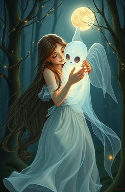 A captivating fantasy painting depicting a real girl with long flowing hair and a warm, inviting expression, lovingly embracing a ghostly figure with ethereal qualities, featuring soft glows and transparent textures