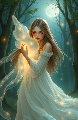 A captivating fantasy painting depicting a real girl with long flowing hair and a warm, inviting expression, lovingly embracing a ghostly figure with ethereal qualities, featuring soft glows and transparent textures