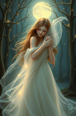 A captivating fantasy painting depicting a real girl with long flowing hair and a warm, inviting expression, lovingly embracing a ghostly figure with ethereal qualities, featuring soft glows and transparent textures