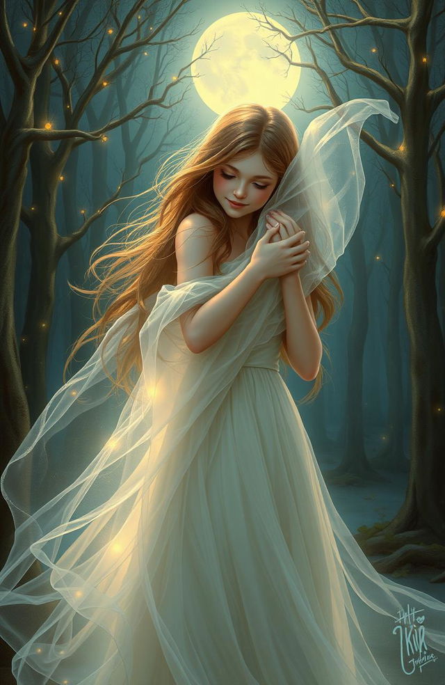 A captivating fantasy painting depicting a real girl with long flowing hair and a warm, inviting expression, lovingly embracing a ghostly figure with ethereal qualities, featuring soft glows and transparent textures