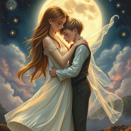 A captivating painting of a real girl and a ghost boy in a romantic embrace