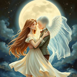 A captivating painting of a real girl and a ghost boy in a romantic embrace
