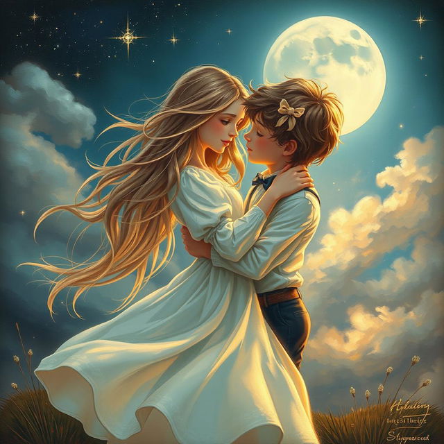 A captivating painting of a real girl and a ghost boy in a romantic embrace