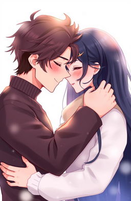 A digital illustration of a man and a woman with black hair embracing tenderly in a romantic and stylized manner, reminiscent of contemporary animations or illustrations