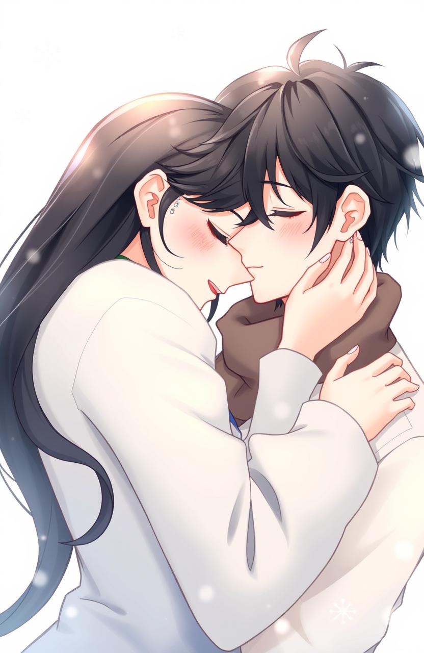 A digital illustration of a man and a woman with black hair embracing tenderly in a romantic and stylized manner, reminiscent of contemporary animations or illustrations