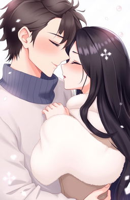 A digital illustration of a man and a woman with black hair embracing tenderly in a romantic and stylized manner, reminiscent of contemporary animations or illustrations