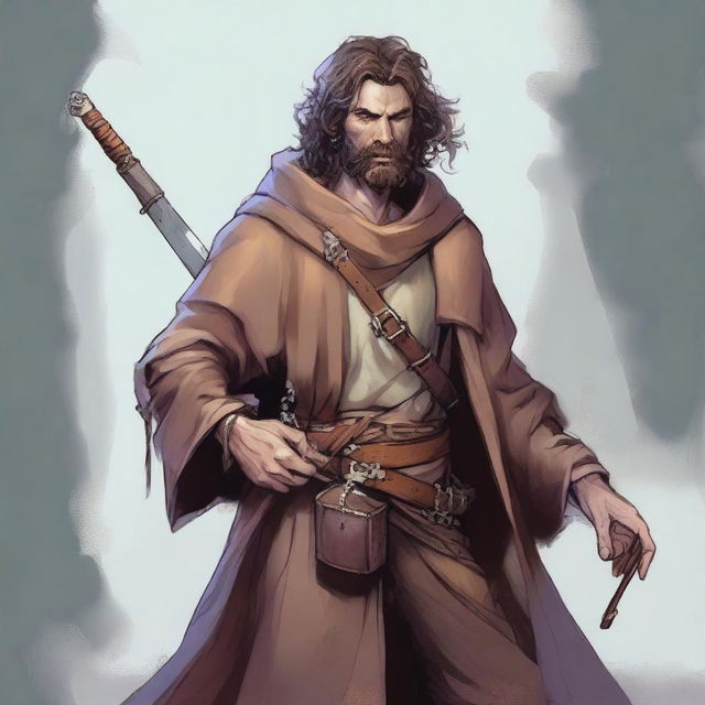 This is a high-quality illustration of a scruffy, homeless bard from a fantasy world reminiscent of DnD