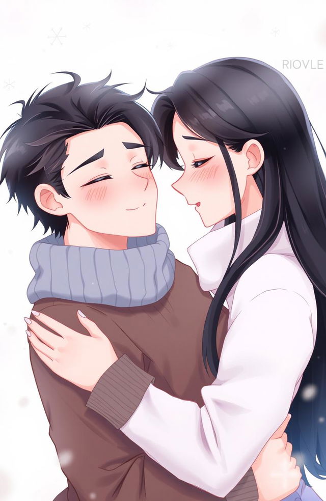 A digital illustration of a man and a woman with black hair embracing tenderly in a romantic and stylized manner, reminiscent of contemporary animations or illustrations