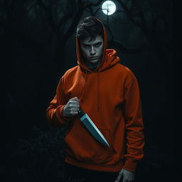 An 18 year old male with a menacing look holds a knife, standing in dark, twisted woods