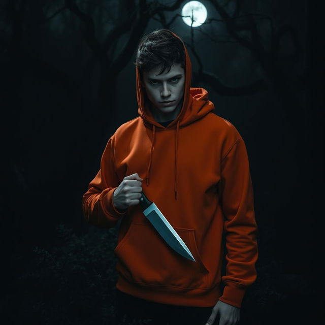 An 18 year old male with a menacing look holds a knife, standing in dark, twisted woods