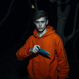 An 18 year old male with a menacing look holds a knife, standing in dark, twisted woods
