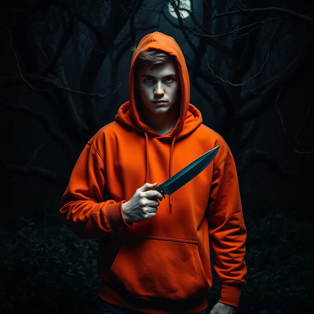 An 18 year old male with a menacing look holds a knife, standing in dark, twisted woods