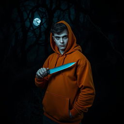 An 18 year old male with a menacing look holds a knife, standing in dark, twisted woods