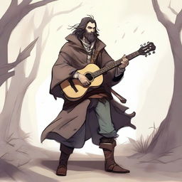 This is a high-quality illustration of a scruffy, homeless bard from a fantasy world reminiscent of DnD