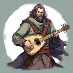 This is a high-quality illustration of a scruffy, homeless bard from a fantasy world reminiscent of DnD