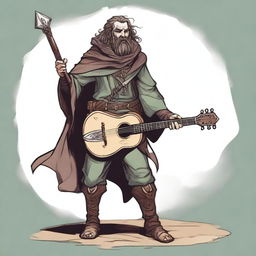 This is a high-quality illustration of a scruffy, homeless bard from a fantasy world reminiscent of DnD