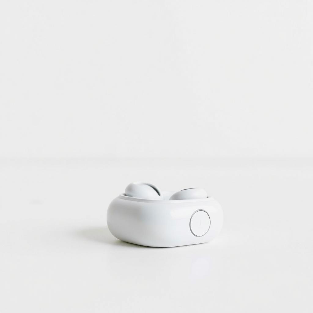 Small wireless headphones in a minimalist design, featuring a sleek white color with a smooth finish