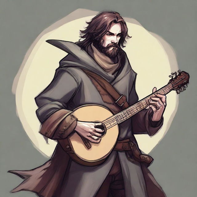 This is a high-quality illustration of a scruffy, homeless bard from a fantasy world reminiscent of DnD