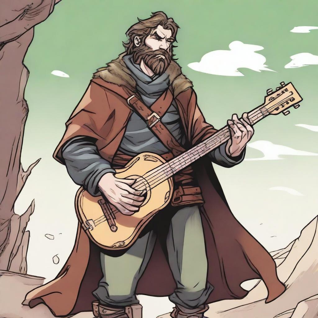 This is a high-quality comic-style illustration of a scruffy, homeless bard from a fantasy world reminiscent of DnD