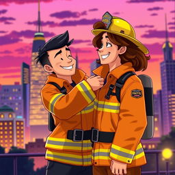 An animated scene showcasing a gay firefighter couple, one with short black hair and the other sporting longer wavy brown hair, both dressed in bright, traditional firefighter gear