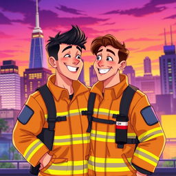 An animated scene showcasing a gay firefighter couple, one with short black hair and the other sporting longer wavy brown hair, both dressed in bright, traditional firefighter gear