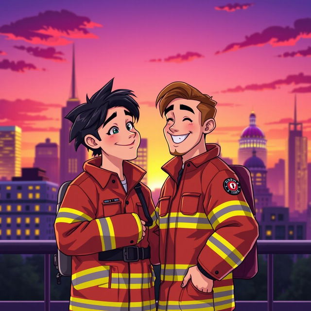 An animated scene showcasing a gay firefighter couple, one with short black hair and the other sporting longer wavy brown hair, both dressed in bright, traditional firefighter gear